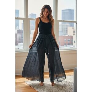 Boho Sheer Wide Leg Palazzo Pants Black Gauze Drawstring Tassel Cover Up Womens
